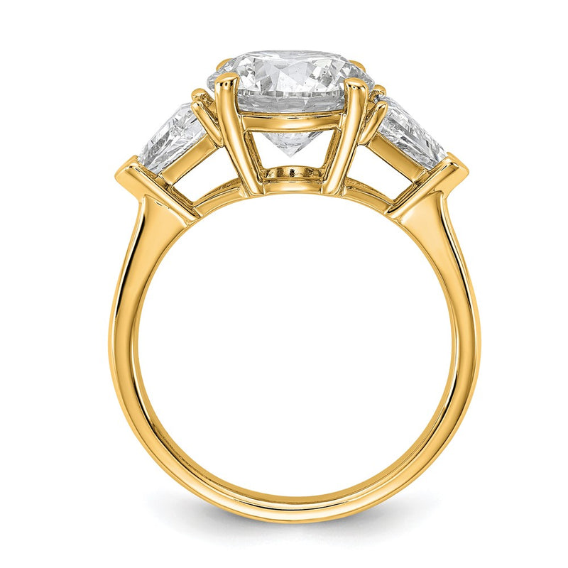 14K Yellow Gold 1 1/8 carat Lab Grown Diamond VS+ F+ Triangle 3 carat Round Semi Mount Three Stone Engagement Ring