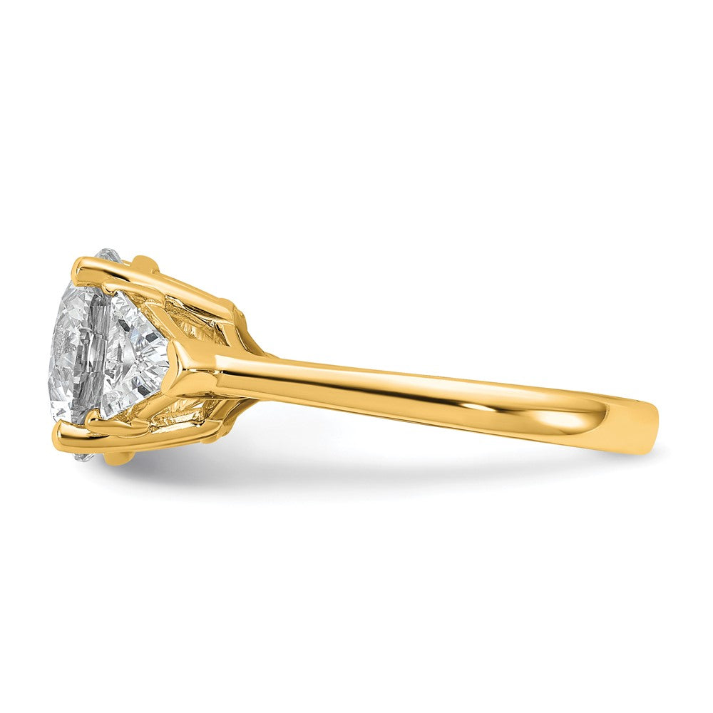 14K Yellow Gold 4 1/8 carat Certified Lab Grown Diamond VS+ F+ Round and Triangle Complete Three Stone Engagement Ring