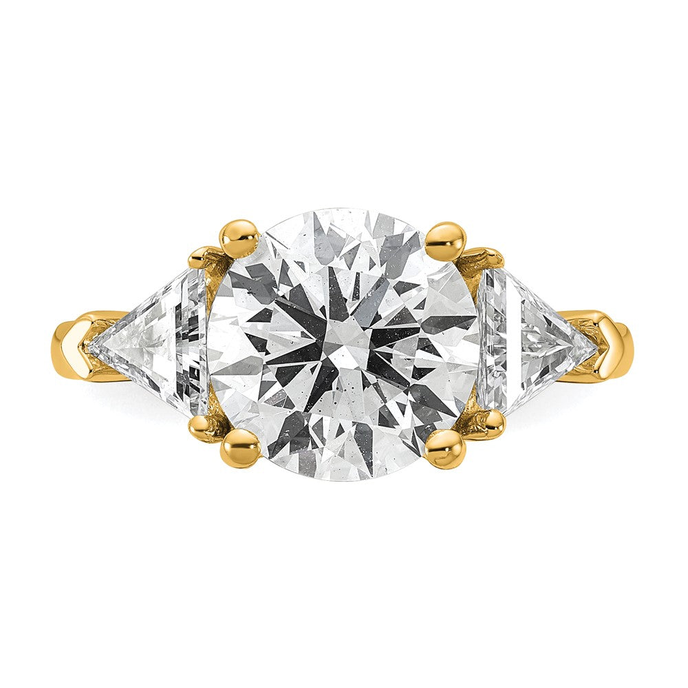 14K Yellow Gold 1 1/8 carat Lab Grown Diamond VS/SI+ G+ Triangle 3 carat Round Semi Mount Three Stone Engagement Ring