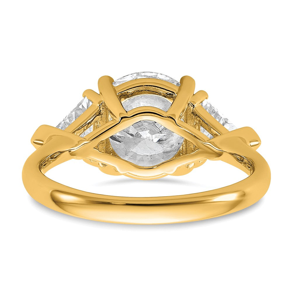 14K Yellow Gold 1 1/8 carat Lab Grown Diamond VS+ F+ Triangle 3 carat Round Semi Mount Three Stone Engagement Ring
