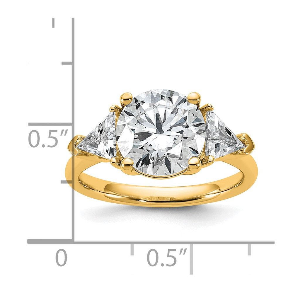 14K Yellow Gold 1 1/8 carat Lab Grown Diamond VS+ F+ Triangle 3 carat Round Semi Mount Three Stone Engagement Ring