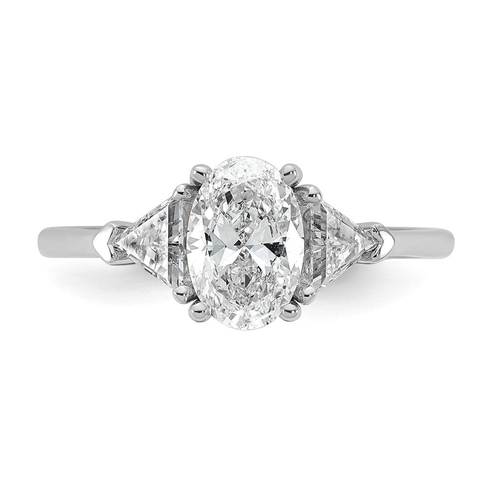 14K White Gold 1/2 carat Lab Grown Diamond VS/SI+ G+ Trillion and 1 carat Oval Center Semi Mount Three Stone Engagement Ring