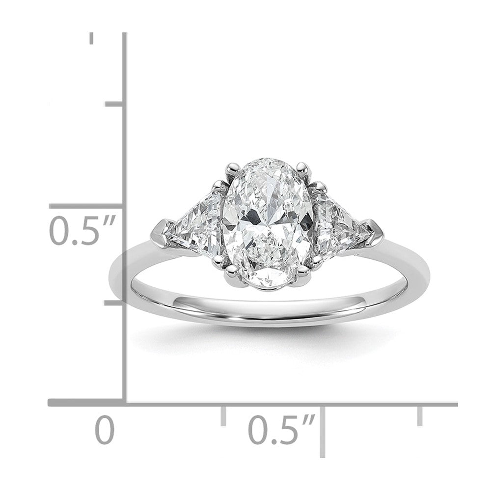 14K White Gold 1/2 carat Lab Grown Diamond VS+ F+ Trillion and 1 carat Oval Center Semi Mount Three Stone Engagement Ring