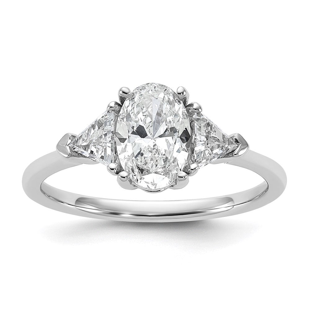 14K White Gold 1/2 carat Lab Grown Diamond VS+ F+ Trillion and 1 carat Oval Center Semi Mount Three Stone Engagement Ring