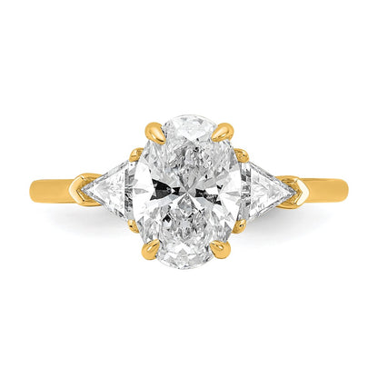 14K Yellow Gold 1/2 carat Lab Grown Diamond VS+ F+ Trillion and 1 1/2 carat Oval Center Semi Mount Three Stone Engagement Ring