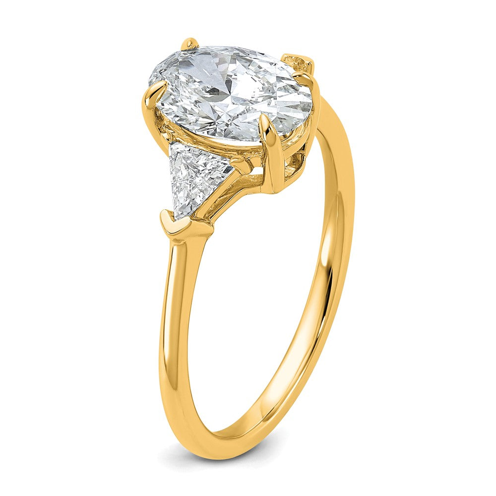 14K Yellow Gold 1/2 carat Lab Grown Diamond VS+ F+ Trillion and 1 1/2 carat Oval Center Semi Mount Three Stone Engagement Ring