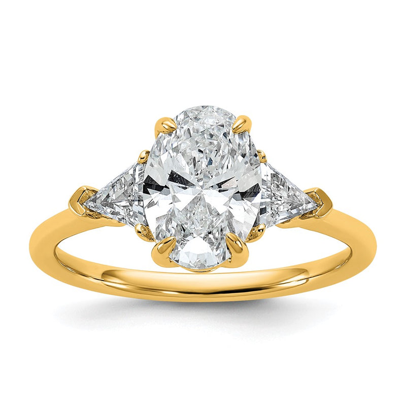14K Yellow Gold 1/2 carat Lab Grown Diamond VS+ F+ Trillion and 1 1/2 carat Oval Center Semi Mount Three Stone Engagement Ring