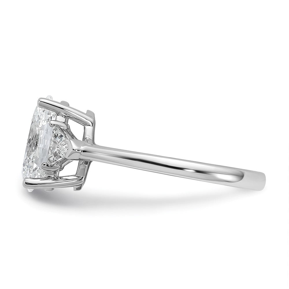 14K White Gold 1/2 carat Lab Grown Diamond VS+ F+ Trillion and 2 carat Oval Center Semi Mount Three Stone Engagement Ring