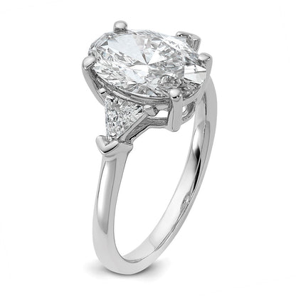 14K White Gold 5/8 carat Lab Grown Diamond VS/SI+ G+ Trillion and 2 1/2 carat Oval Center Semi Mount Three Stone Engagement Ring