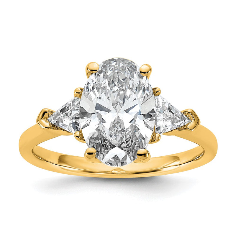14K Yellow Gold 5/8 carat Lab Grown Diamond VS/SI+ G+ Trillion and 2 1/2 carat Oval Center Semi Mount Three Stone Engagement Ring