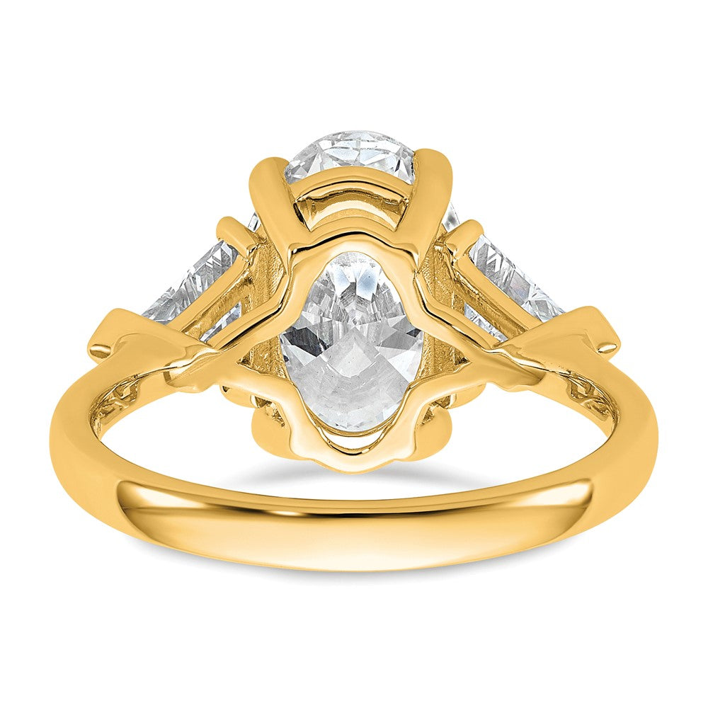 14K Yellow Gold 1 1/8 carat Lab Grown Diamond VS/SI+ G+ Trillion and 3 carat Oval Center Semi Mount Three Stone Engagement Ring