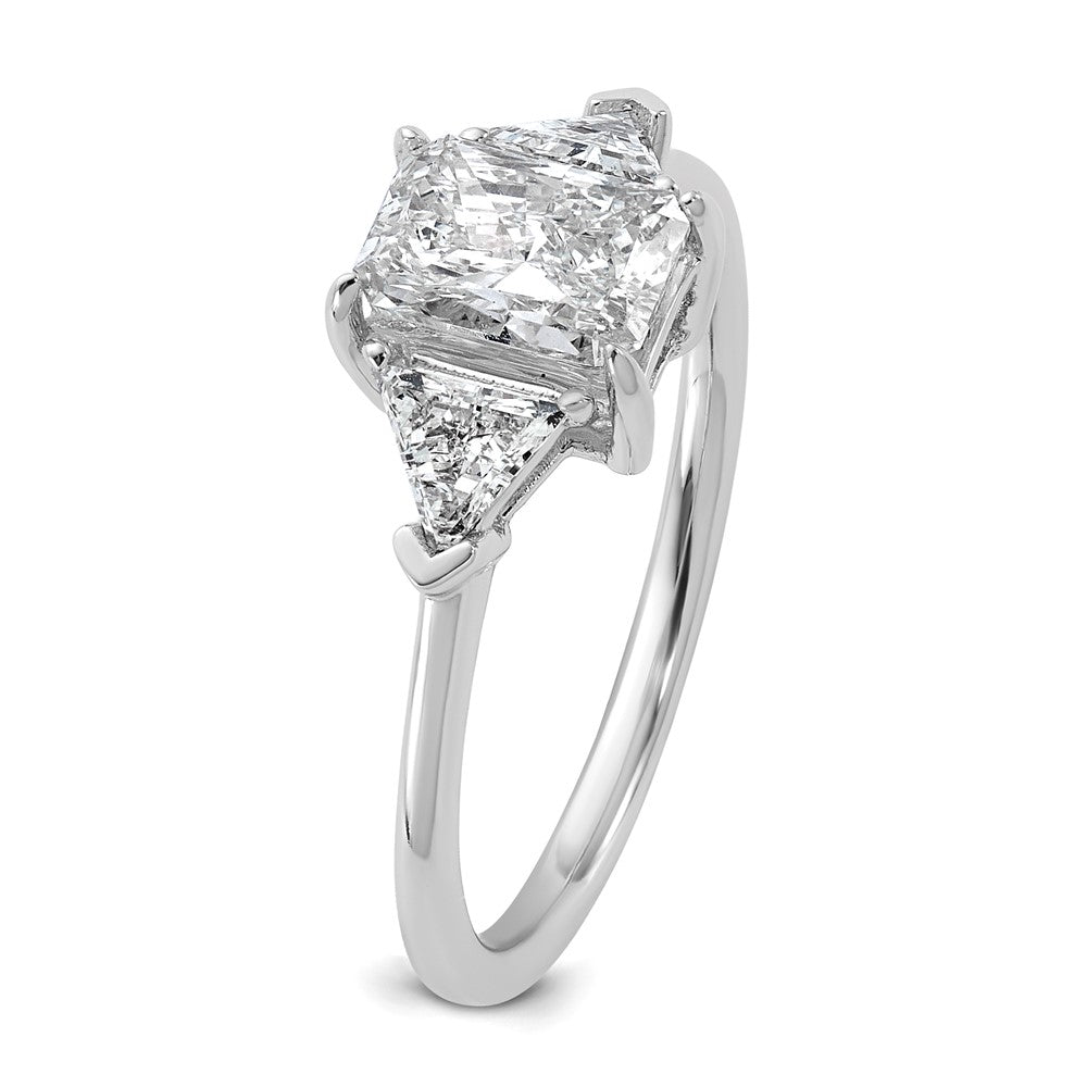 14K White Gold 3/8 carat Lab Grown Diamond VS+ F+ Triangle 1 carat Radiant Center Semi Mount Three Stone Engagement Ring