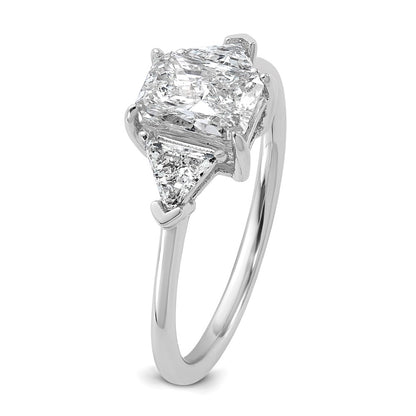 14K White Gold 3/8 carat Lab Grown Diamond VS+ F+ Triangle 1 carat Radiant Center Semi Mount Three Stone Engagement Ring
