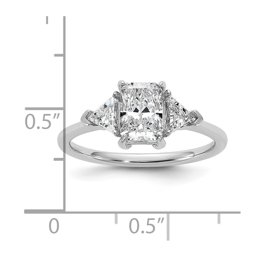 14K White Gold 3/8 carat Lab Grown Diamond VS+ F+ Triangle 1 carat Radiant Center Semi Mount Three Stone Engagement Ring