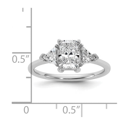 14K White Gold 3/8 carat Lab Grown Diamond VS+ F+ Triangle 1 carat Radiant Center Semi Mount Three Stone Engagement Ring