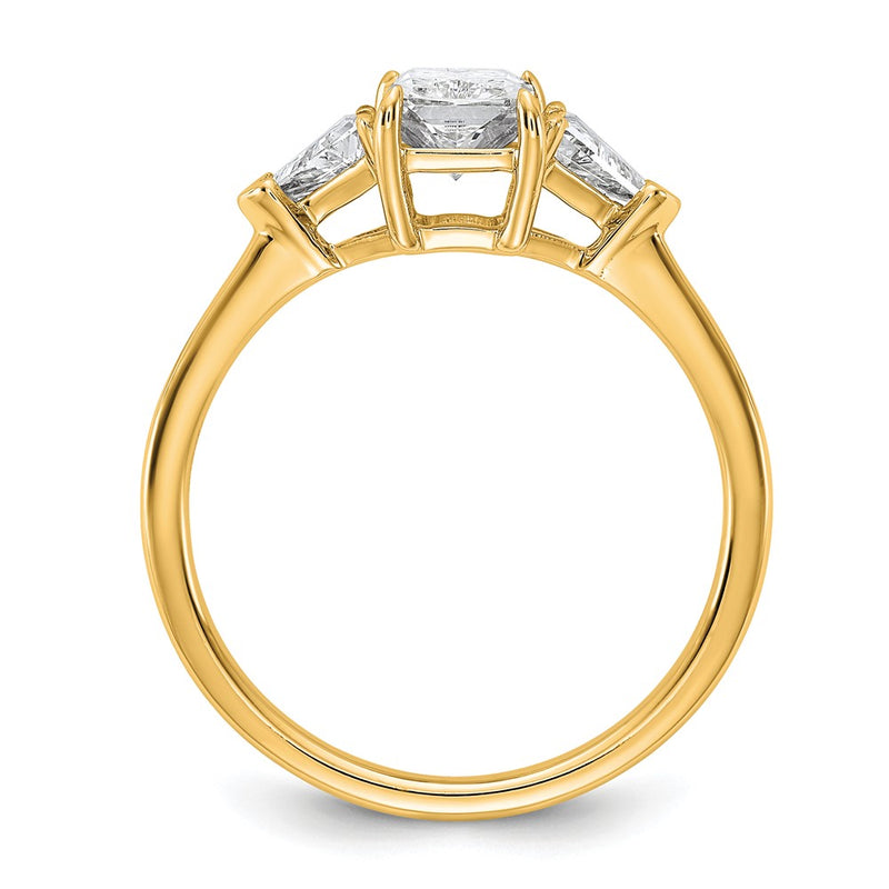 14K Yellow Gold 3/8 carat Lab Grown Diamond VS+ F+ Triangle 1 carat Radiant Center Semi Mount Three Stone Engagement Ring