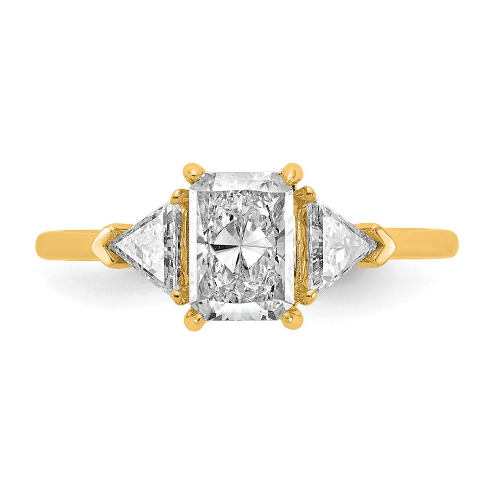 14K Yellow Gold 3/8 carat Lab Grown Diamond VS/SI+ G+ Triangle 1 carat Radiant Center Semi Mount Three Stone Engagement Ring