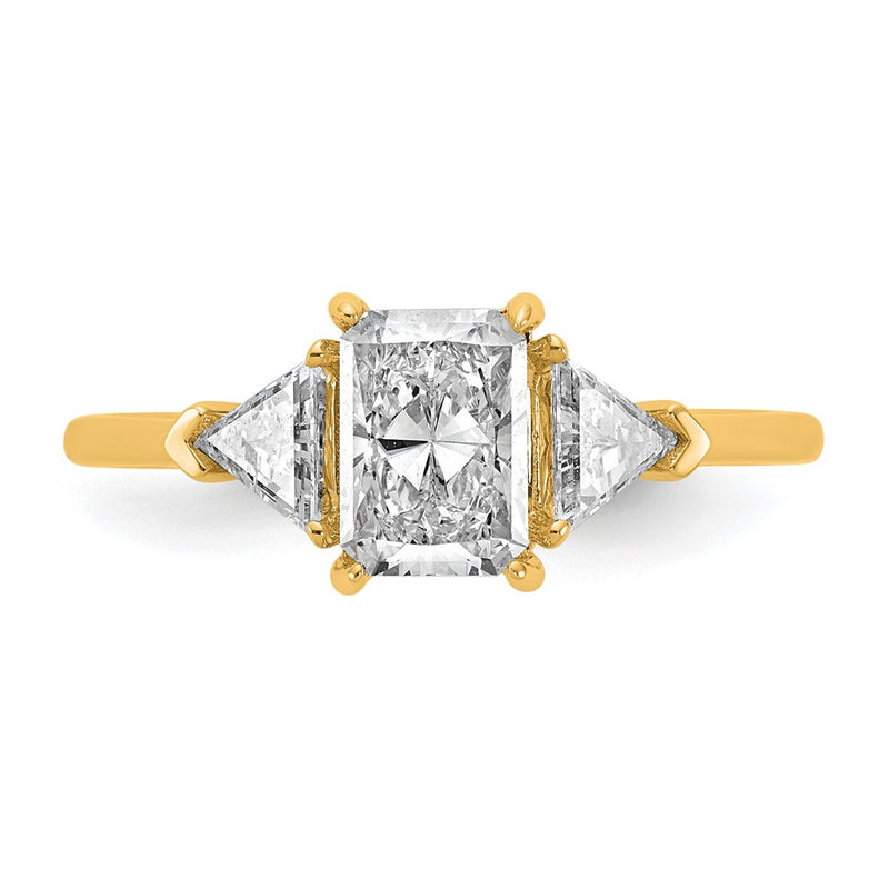 14K Yellow Gold 3/8 carat Lab Grown Diamond VS/SI+ G+ Triangle 1 carat Radiant Center Semi Mount Three Stone Engagement Ring