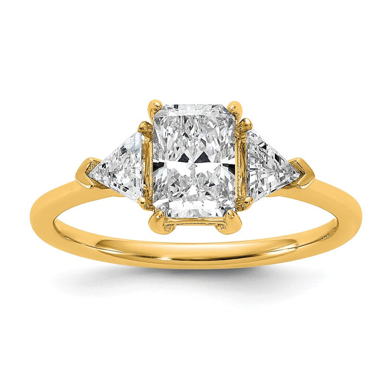 14K Yellow Gold 3/8 carat Lab Grown Diamond VS+ F+ Triangle 1 carat Radiant Center Semi Mount Three Stone Engagement Ring