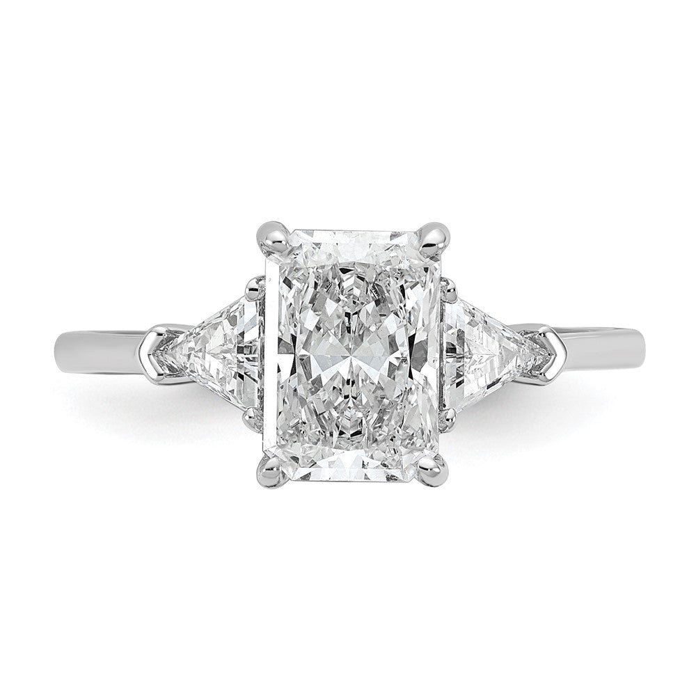 14K White Gold 2 carat Certified Lab Grown Diamond VS/SI+ G+ Radiant and Triangle Complete Three Stone Engagement Ring