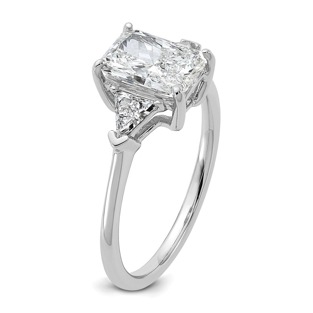 14K White Gold 2 carat Certified Lab Grown Diamond VS+ F+ Radiant and Triangle Complete Three Stone Engagement Ring