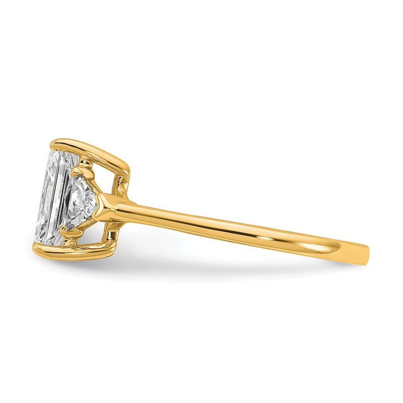 14K Yellow Gold 1/2 carat Lab Grown Diamond VS/SI+ G+ Triangle 1 1/2 carat Radiant Center Semi Mount Three Stone Engagement Ring