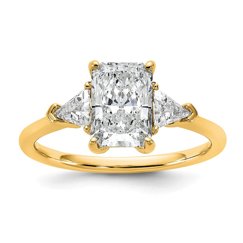 14K Yellow Gold 1/2 carat Lab Grown Diamond VS+ F+ Triangle 1 1/2 carat Radiant Center Semi Mount Three Stone Engagement Ring