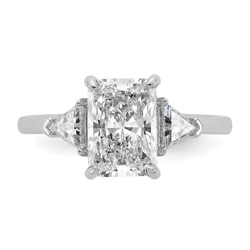 14K White Gold 1/2 carat Lab Grown Diamond VS+ F+ Triangle 2 carat Radiant Center Semi Mount Three Stone Engagement Ring