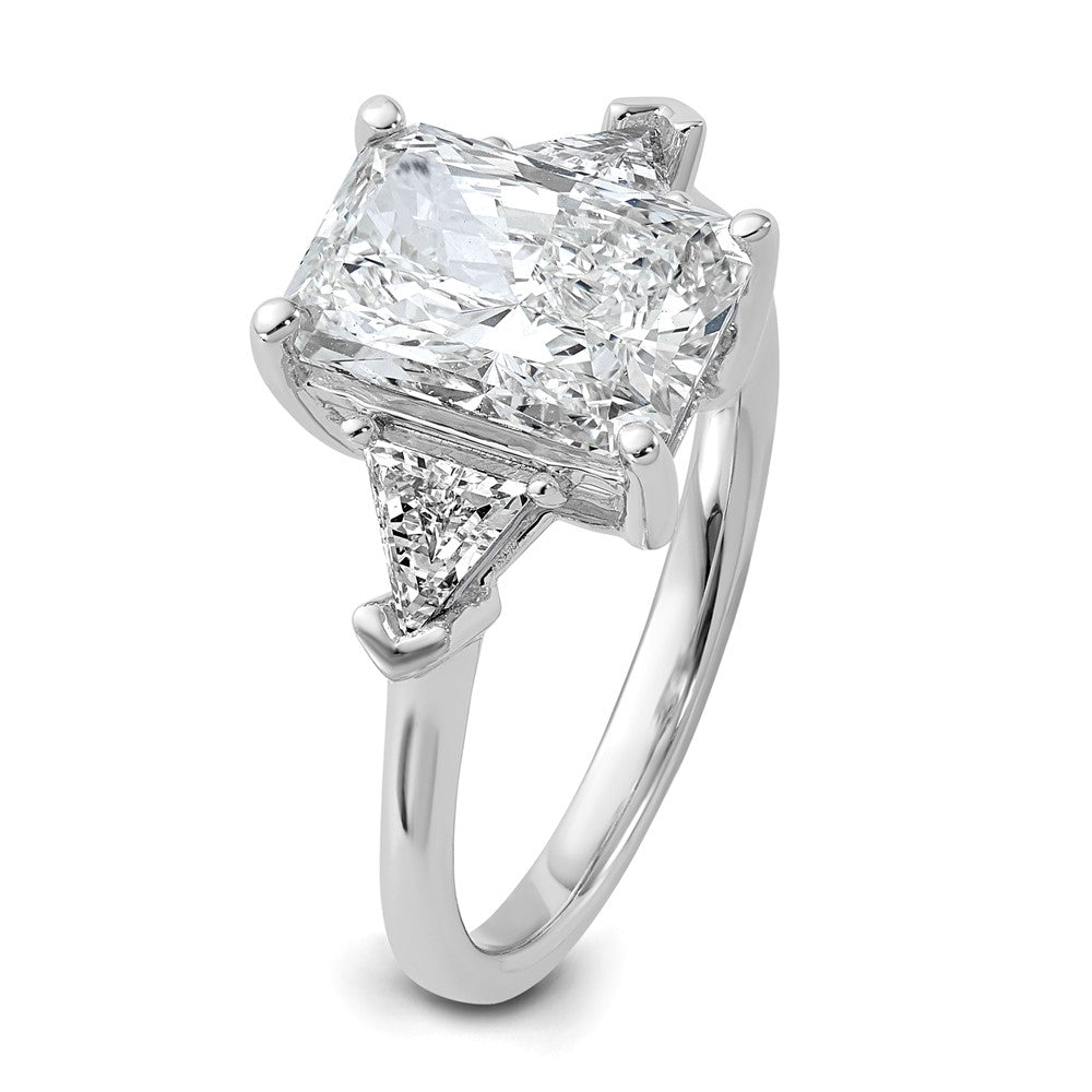 14K White Gold 5/8 carat Lab Grown Diamond VS+ F+ Triangle 2 1/2 carat Radiant Center Semi Mount Three Stone Engagement Ring