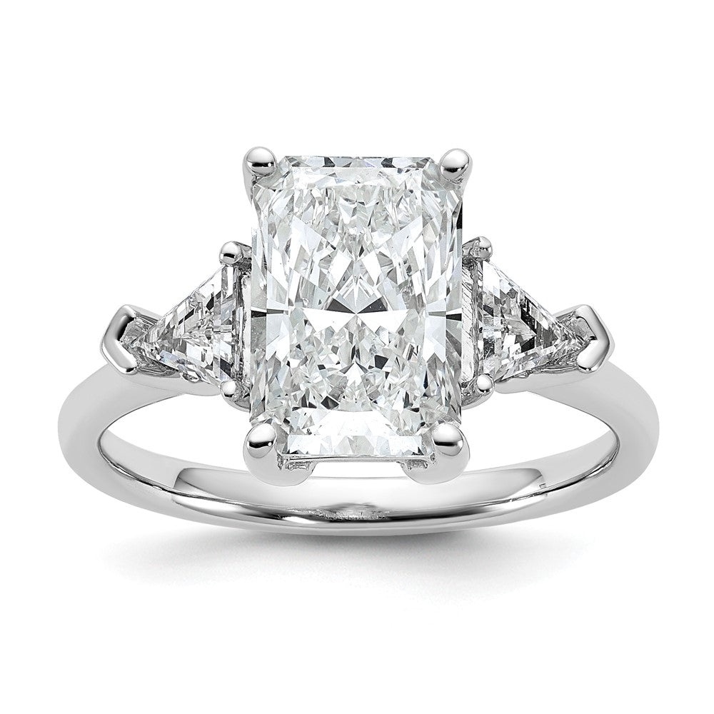 14K White Gold 3 1/8 carat Certified Lab Grown Diamond VS+ F+ Radiant and Triangle Complete Three Stone Engagement Ring