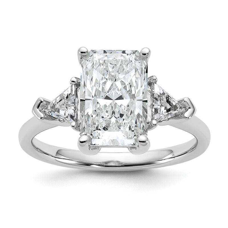 14K White Gold 3 1/8 carat Certified Lab Grown Diamond VS+ F+ Radiant and Triangle Complete Three Stone Engagement Ring