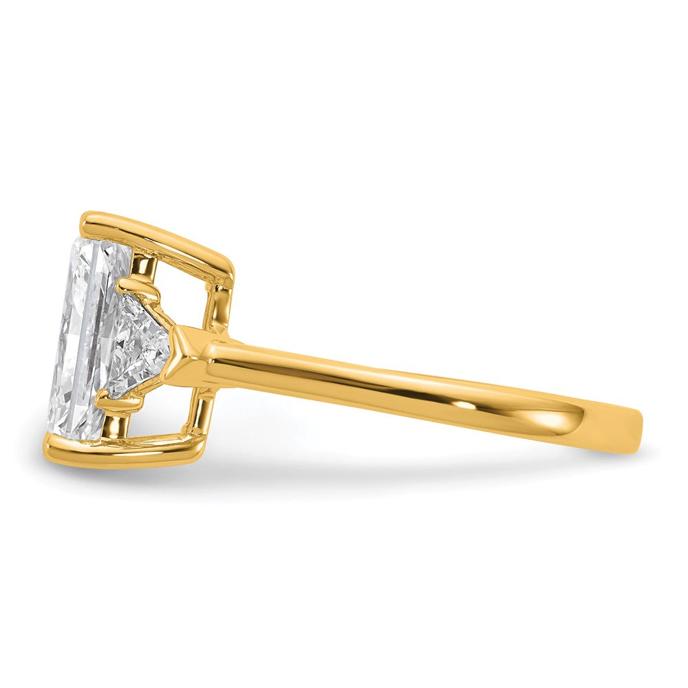 14K Yellow Gold 5/8 carat Lab Grown Diamond VS+ F+ Triangle 2 1/2 carat Radiant Center Semi Mount Three Stone Engagement Ring