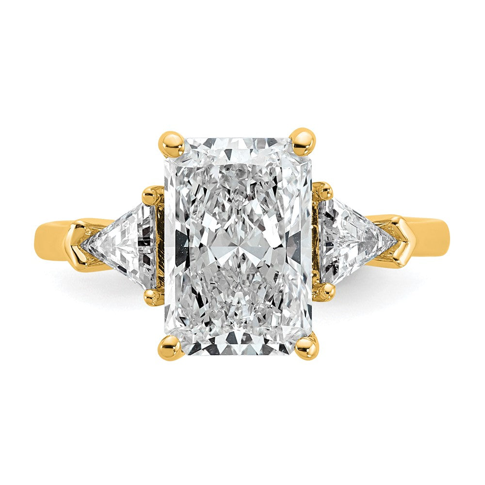 14K Yellow Gold 5/8 carat Lab Grown Diamond VS+ F+ Triangle 2 1/2 carat Radiant Center Semi Mount Three Stone Engagement Ring