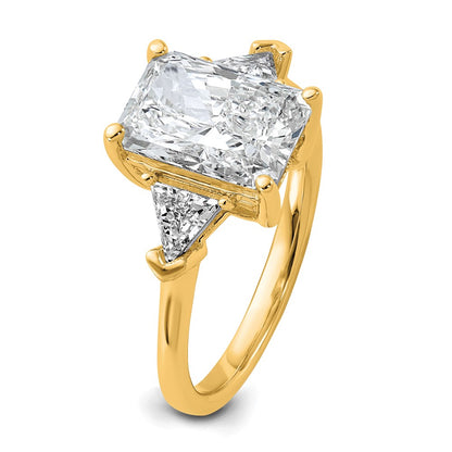 14K Yellow Gold 5/8 carat Lab Grown Diamond VS/SI+ G+ Triangle 2 1/2 carat Radiant Center Semi Mount Three Stone Engagement Ring