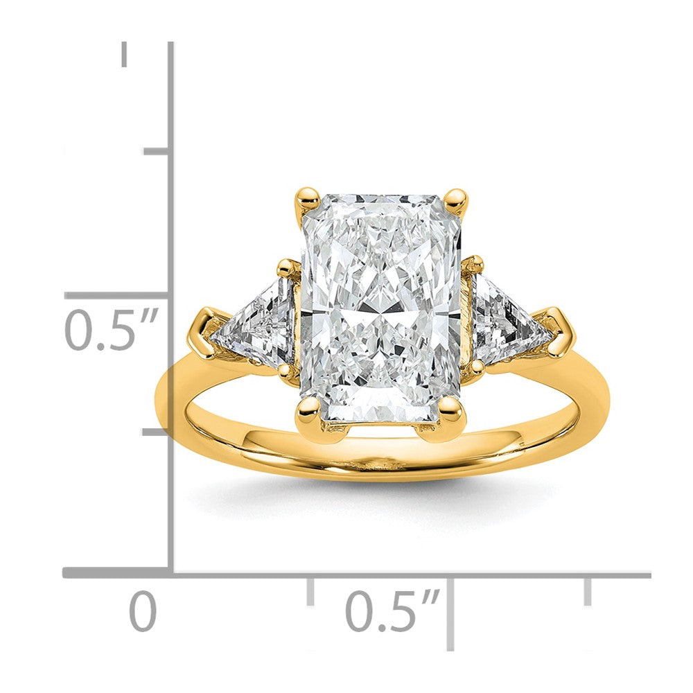 14K Yellow Gold 5/8 carat Lab Grown Diamond VS+ F+ Triangle 2 1/2 carat Radiant Center Semi Mount Three Stone Engagement Ring