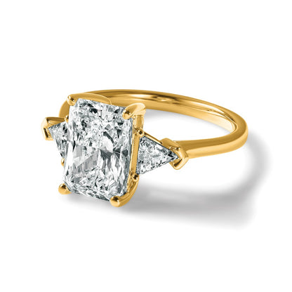 14K Yellow Gold 3 1/8 carat Certified Lab Grown Diamond VS/SI+ G+ Radiant and Triangle Complete Three Stone Engagement Ring