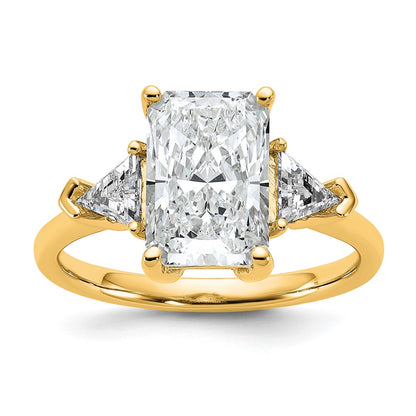 14K Yellow Gold 5/8 carat Lab Grown Diamond VS+ F+ Triangle 2 1/2 carat Radiant Center Semi Mount Three Stone Engagement Ring
