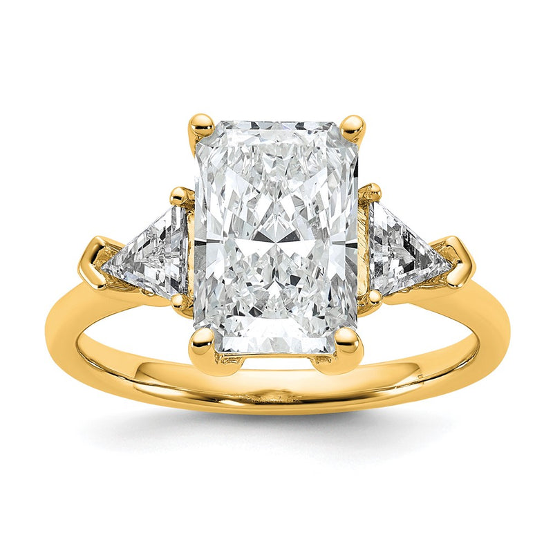 14K Yellow Gold 5/8 carat Lab Grown Diamond VS+ F+ Triangle 2 1/2 carat Radiant Center Semi Mount Three Stone Engagement Ring