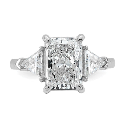 14K White Gold 5/8 carat Lab Grown Diamond VS+ F+ Triangle 3 carat Radiant Center Semi Mount Three Stone Engagement Ring