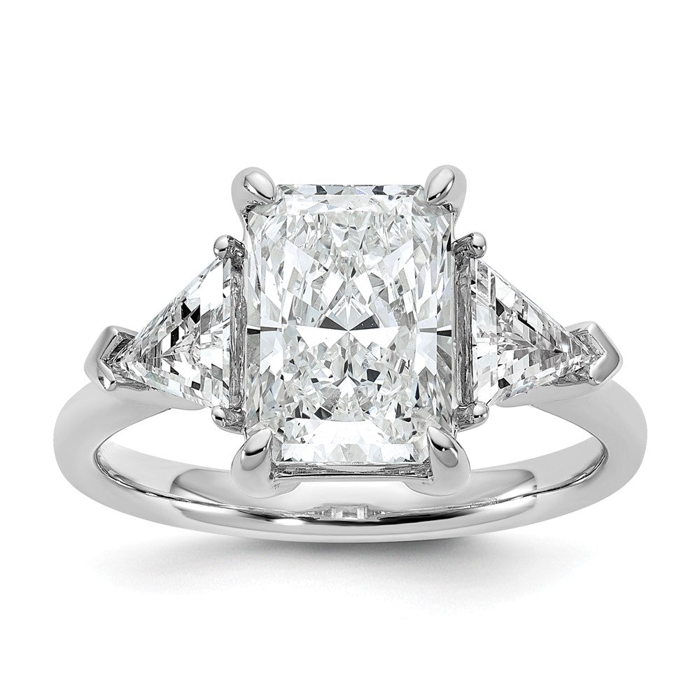 14K White Gold 5/8 carat Lab Grown Diamond VS+ F+ Triangle 3 carat Radiant Center Semi Mount Three Stone Engagement Ring