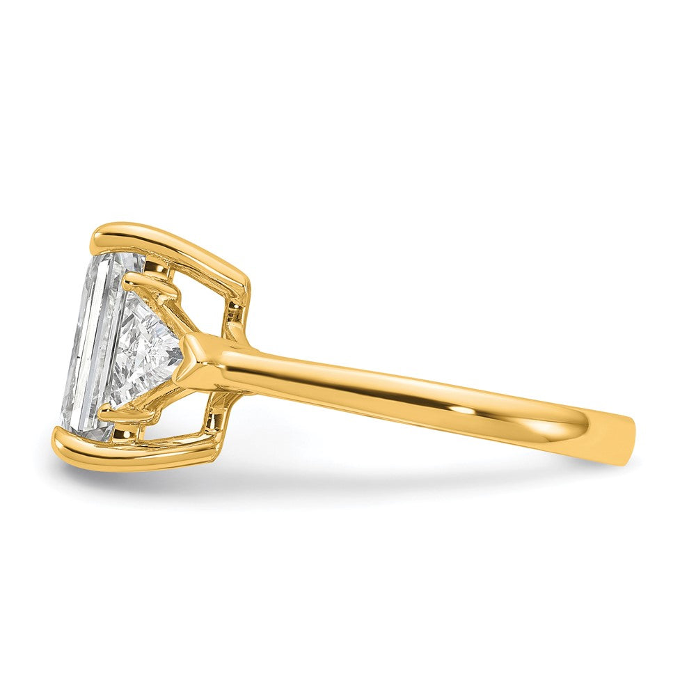 14K Yellow Gold 5/8 carat Lab Grown Diamond VS+ F+ Triangle 3 carat Radiant Center Semi Mount Three Stone Engagement Ring