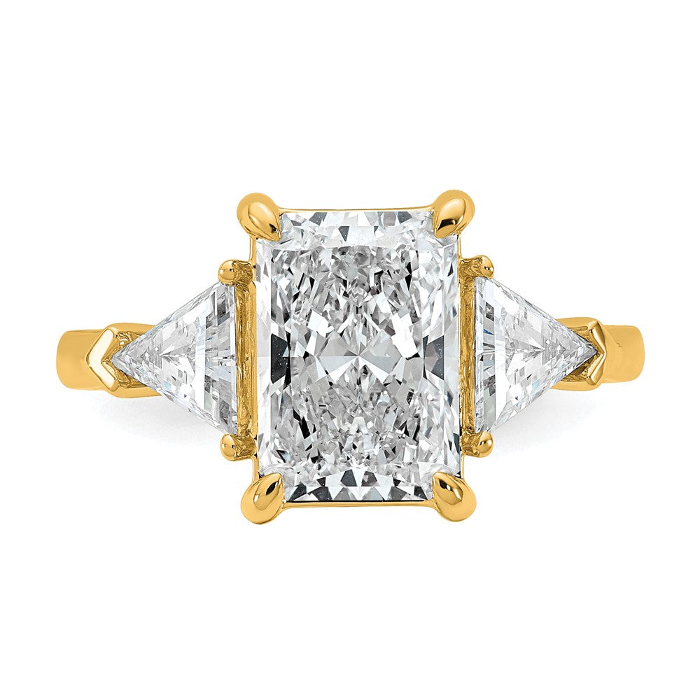 14K Yellow Gold 5/8 carat Lab Grown Diamond VS+ F+ Triangle 3 carat Radiant Center Semi Mount Three Stone Engagement Ring