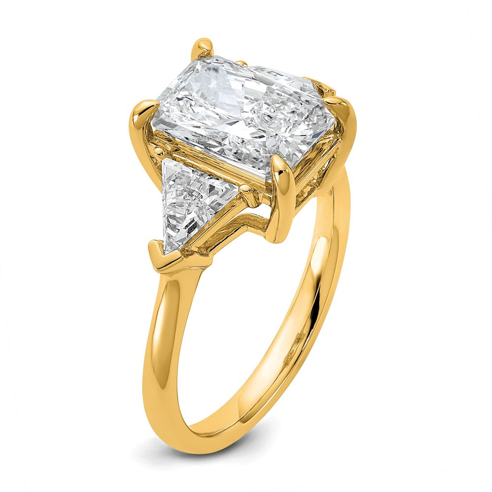 14K Yellow Gold 5/8 carat Lab Grown Diamond VS+ F+ Triangle 3 carat Radiant Center Semi Mount Three Stone Engagement Ring