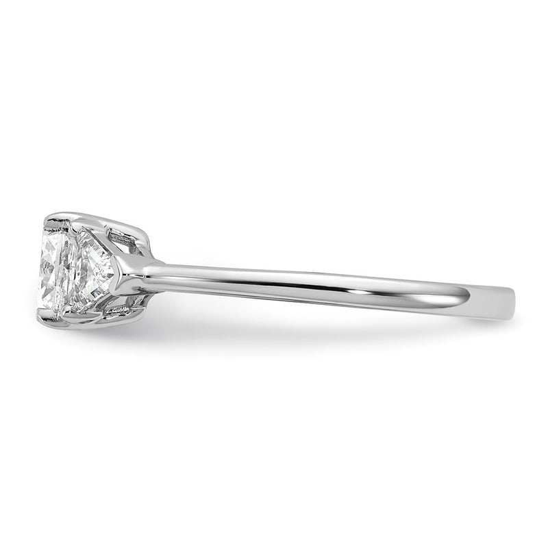 14K White Gold 1/2 carat Lab Grown Diamond VS+ F+ Triangle 1 carat Cushion Center Semi Mount Three Stone Engagement Ring