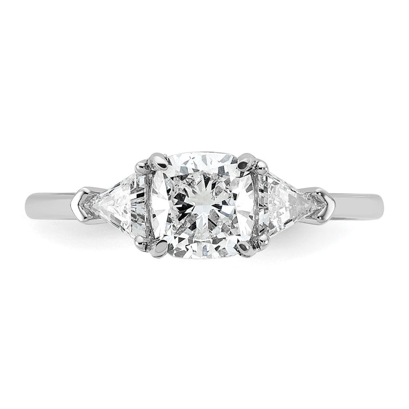 14K White Gold 1/2 carat Lab Grown Diamond VS+ F+ Triangle 1 carat Cushion Center Semi Mount Three Stone Engagement Ring