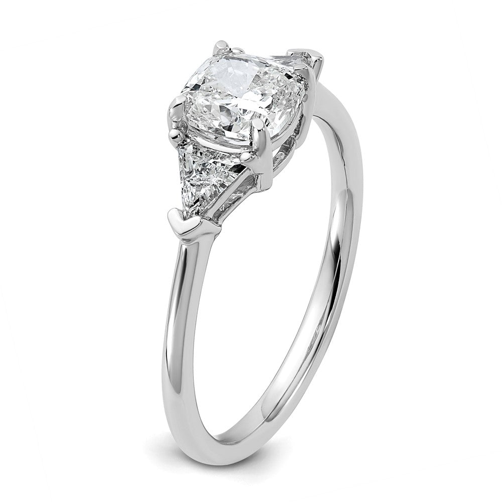 14K White Gold 1/2 carat Lab Grown Diamond VS/SI+ G+ Triangle 1 carat Cushion Center Semi Mount Three Stone Engagement Ring