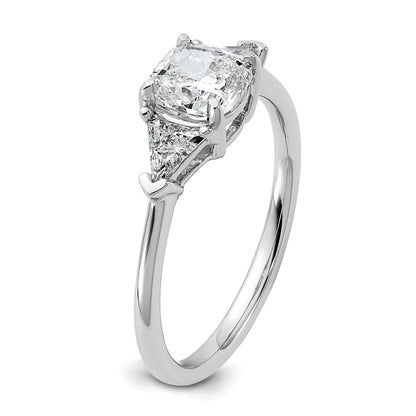 14K White Gold 1/2 carat Lab Grown Diamond VS/SI+ G+ Triangle 1 carat Cushion Center Semi Mount Three Stone Engagement Ring
