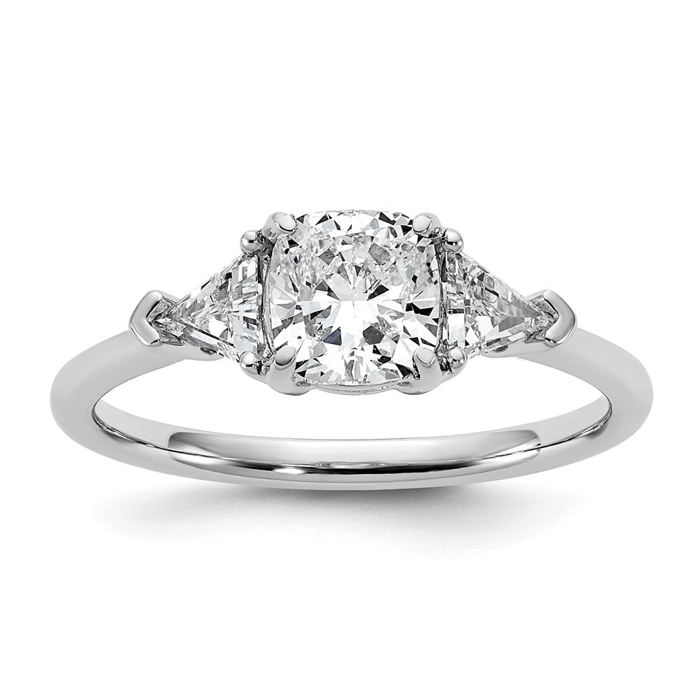 14K White Gold 1/2 carat Lab Grown Diamond VS/SI+ G+ Triangle 1 carat Cushion Center Semi Mount Three Stone Engagement Ring