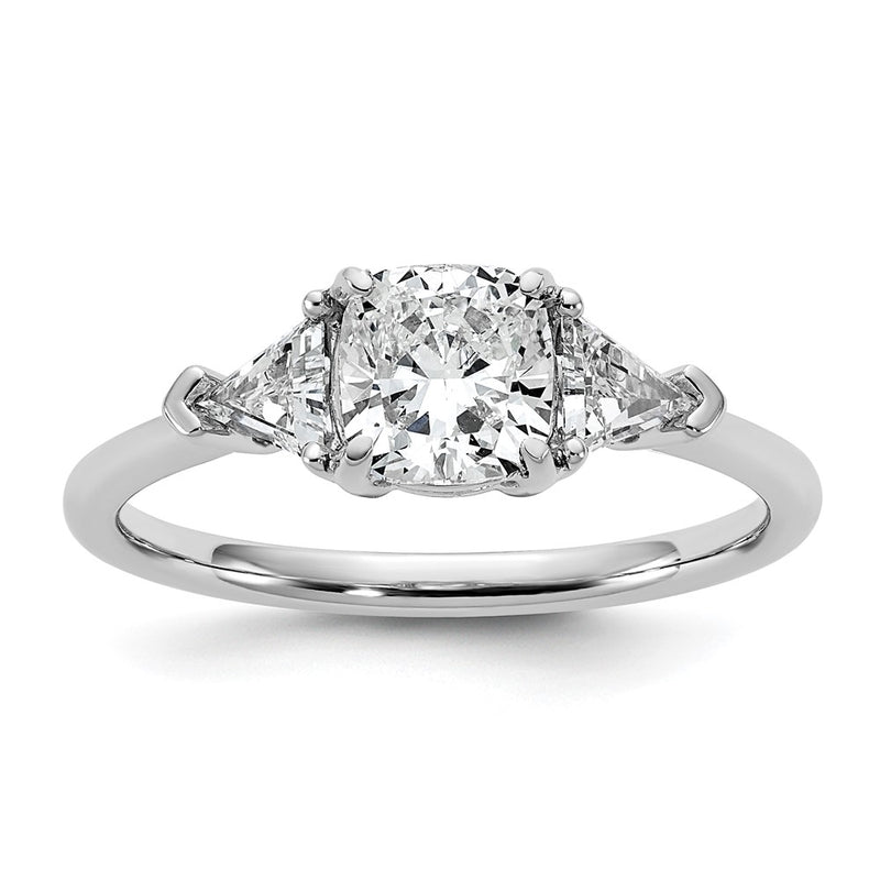 14K White Gold 1/2 carat Lab Grown Diamond VS/SI+ G+ Triangle 1 carat Cushion Center Semi Mount Three Stone Engagement Ring