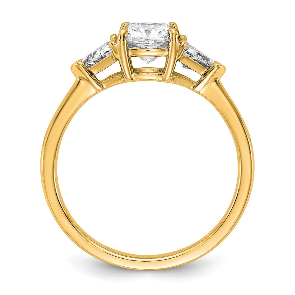 14K Yellow Gold 1/2 carat Lab Grown Diamond VS+ F+ Triangle 1 carat Cushion Center Semi Mount Three Stone Engagement Ring